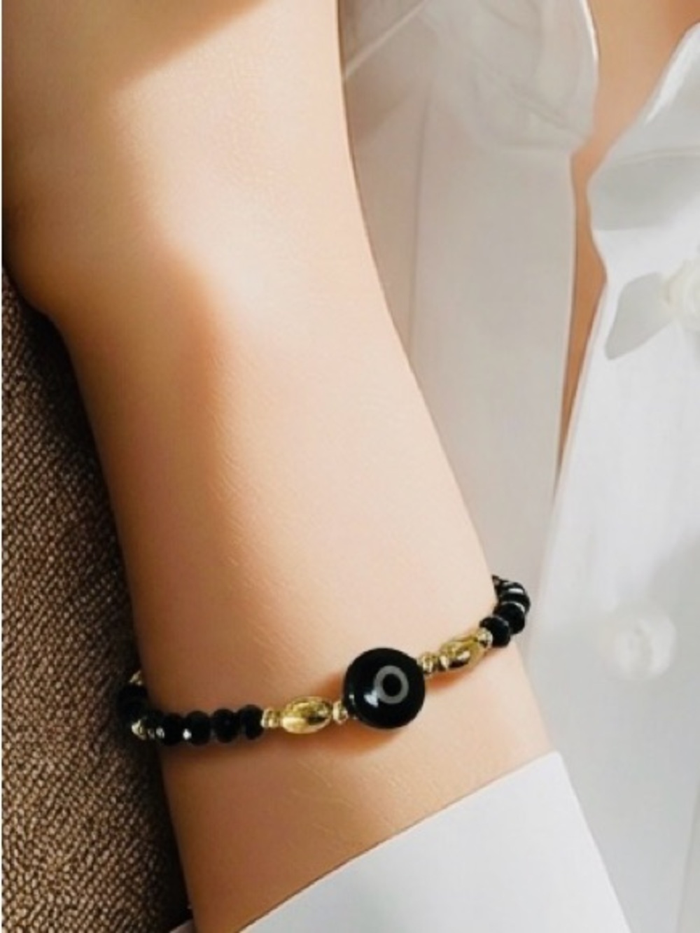 Elegant Black Bead Evil Eye Gold Filled Elastic  Bracelet - Women Jewelry